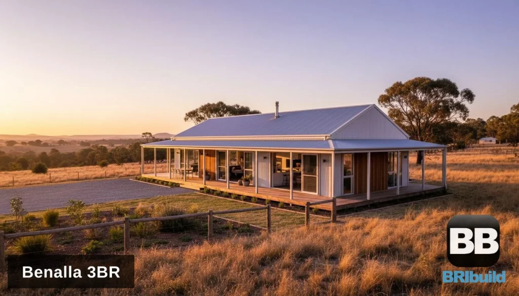 Artist's impression of the Benalla 3 bedroom farmhouse kit home with a gable roof and wraparound verandah on a rural block at sunset