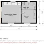 Concept floor plan of the Boolarra 1 bedroom, 1 bathroom 40 sqm skillion roof kit home with a covered front verandah