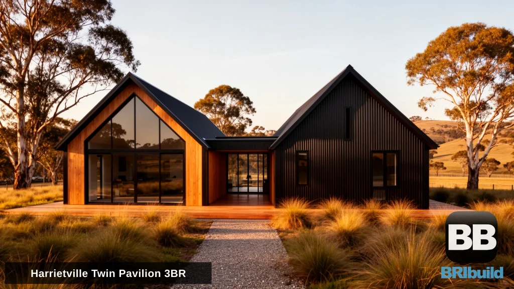 Artist's impression of the Harrietville Twin Pavilion 3BR, two scandi barn pavilions joined by a glazed link, in Colorbond Monument