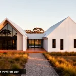 Artist's impression of the Harrietville Twin Pavilion 3BR, two scandi barn pavilions joined by a glazed link, in Colorbond Surfmist