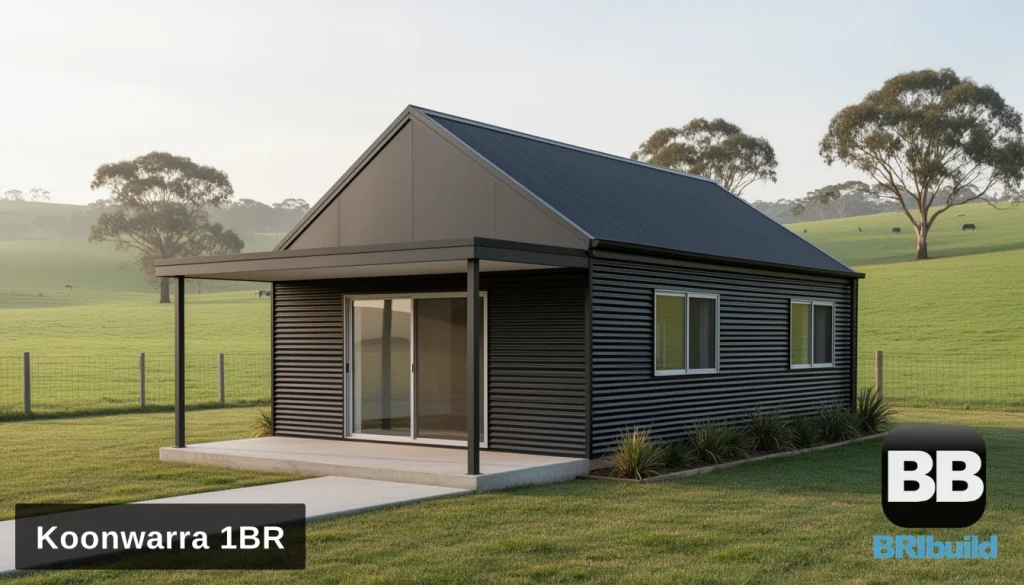 Artist's impression of the Koonwarra 1 bedroom gable roof kit home in horizontal corrugated Colorbond Monument, on a concrete slab with a covered front verandah, in Gippsland