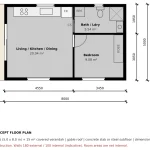 Concept floor plan of the Koonwarra 1 bedroom, 1 bathroom 40 sqm gable roof kit home with a covered front verandah