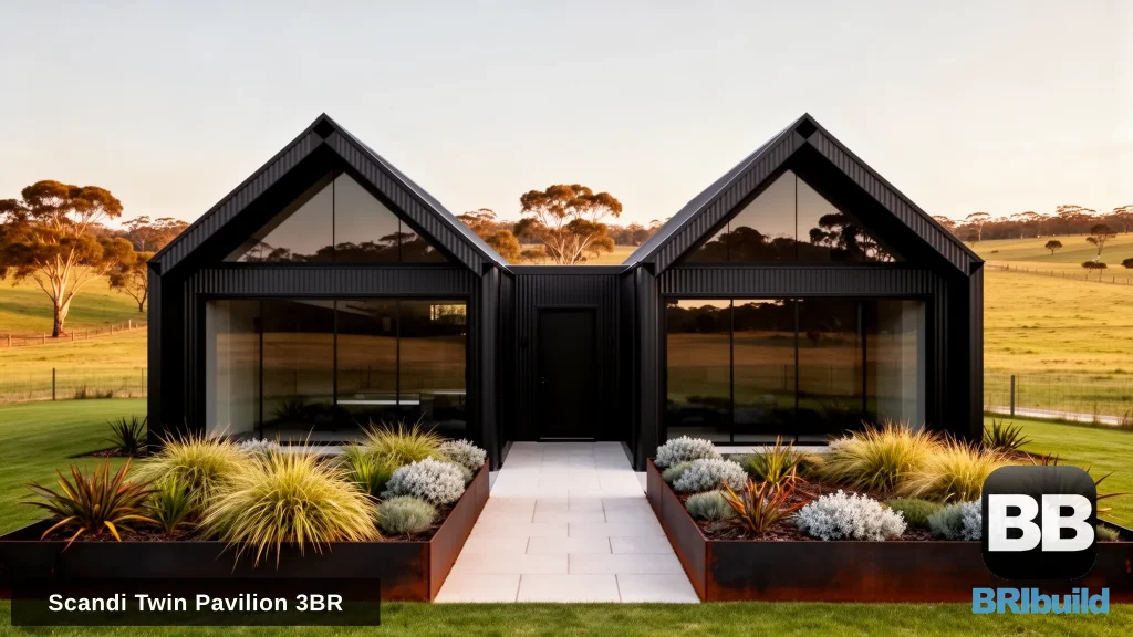 Artist's impression of the Scandi Twin Pavilion 3BR, two identical black Colorbond Monument barn pavilions with fully glazed recessed gables and a landscaped entry