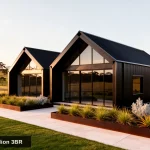 Artist's impression of the Scandi Twin Pavilion 3BR showing the staggered black Colorbond Monument pavilions with glazed recessed gables